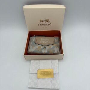 Coach Monogram Coin Purse Wallet Pouch Beige Blue White Leather Canvas Signature